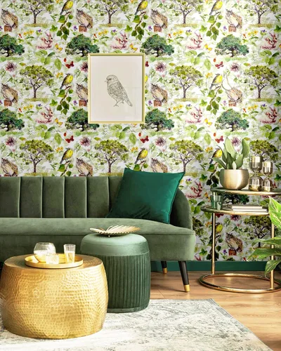 Vista 2 de Blooming Wall Papel tapiz autoadhesivo removible con diseño de animales en bosque verde
