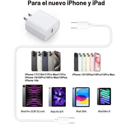 Vista 7 de Cargador de carga rápida para iPhone 17 16 15, paquete de 2 unidades, 20 W, USB C, cargador de pared de viaje, bloque de enchufe, cable de carga