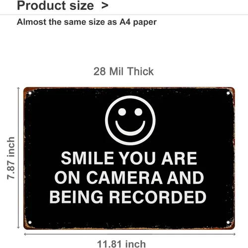 Vista 2 de Smile You Are On Camera And Being Recorded Plaque Funny Wall Decor Retro Metal Sign Poster for Garage Man Cave Bathroom Bedroom Farm Inspirational