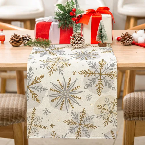 Vista 2 de AnyDesign Camino de mesa navideño de invierno, mantel de copo de nieve dorado y plateado, 13 x 72 pulgadas
