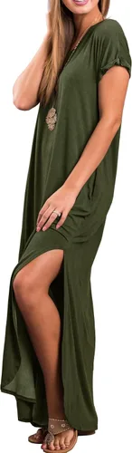 Vista 3 de GRECERELLE - Vestido largo para mujer, holgado, con bolsillos, manga corta y abertura lateral, estilo informal