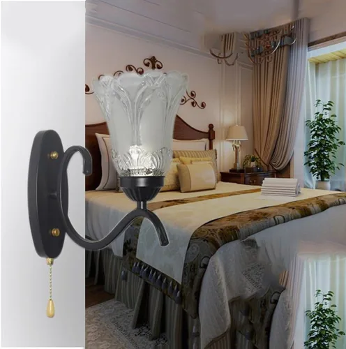 Vista 6 de Lámpara de pared con interruptor de cadena de tracción E27, lámpara de noche para dormitorio, sala de estar, pantalla de vidrio de metal, moderna