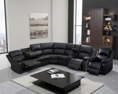 Vista 18 de Juego de sofá seccional reclinable manual, juegos de muebles de sala de estar de cuero regenerado en forma de L, sofá de esquina seccional