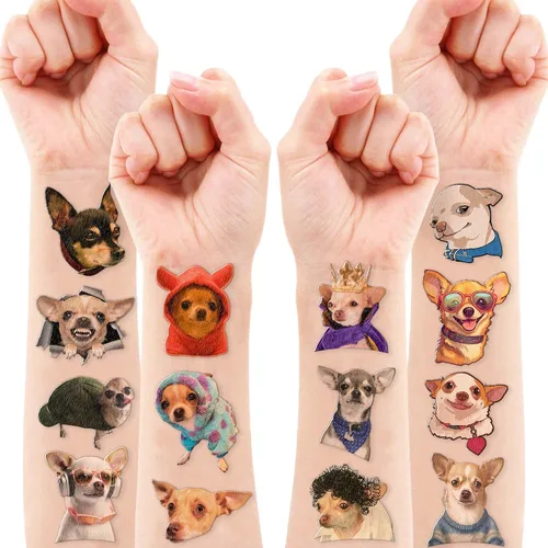 Vista 8 de Chihuahua - Tatuajes temporales para perro, suministros para fiesta de cumpleaños, recuerdos, tema, divertido, chihuahua, perro, cachorro, súper