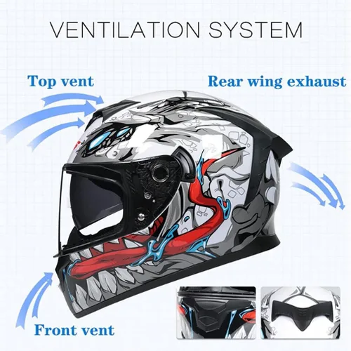 Vista 3 de Casco de motocicleta Bluetooth de cara completa abatible con micrófono, diseño de ala trasera aprobado por DOT, reducción de ruido con doble visera