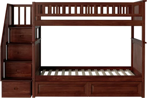 Vista 6 de Cama Atlantic Furniture tipo litera con escalera Columbia y cajones de cama en panel elevado, Madera, Nogal Antiguo