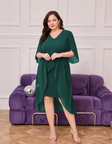 Vista 8 de Hanna Nikole Vestido de cóctel de gasa para mujer, talla grande, con volantes, manga 34, vestidos de fiesta de invitados de boda con dobladillo alto