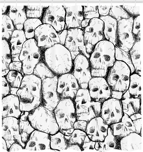 Vista 2 de Ambesonne Cortina de ducha de calavera, motivos de cabeza unida, fósiles espeluznantes abigarrados, impresión de ilustraciones oscuras y esbozadas