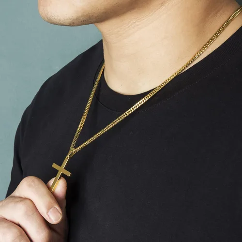 Vista 6 de Tuewut Collar de cruz para hombre collar con colgante de cruz lisa de acero inoxidable y oro plateado para hombre cadena cubana de 18 a 26 pulgadas