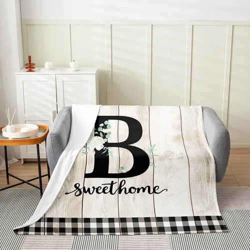Vista 2 de Erosebridal Manta de franela de letras iniciales B, manta de vellón con letras ABC, 40 x 50 pulgadas, decoración rústica de granja, manta de felpa