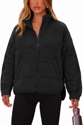 Vista 11 de Omoone Chaqueta acolchada con cremallera para mujer, ligera y acolchonada, con capucha, de gran tamaño Verde militar