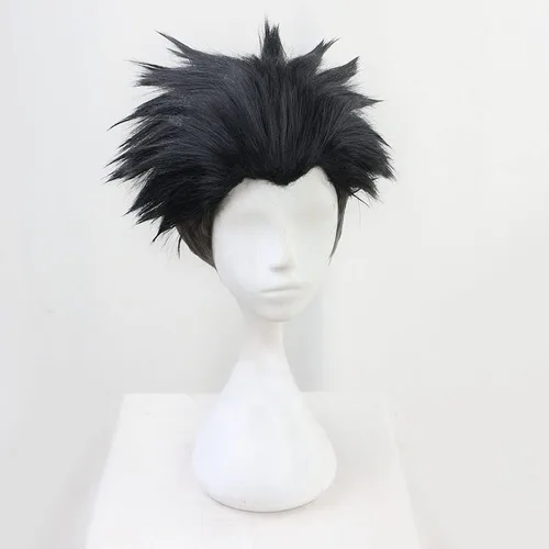 Vista 2 de Peluca de cosplay Himejima Gyoumei Cosplay peluca anime Demon Slayer Kimetsu No Yaiba negro corto pelo sintético fiesta de Halloween + gorra