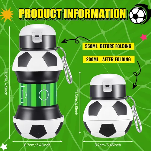 Vista 2 de Mifoci 6 botellas de agua de fútbol para niños de 19 onzas, botella de agua plegable de silicona deportiva con forma de bola exprimible para niños