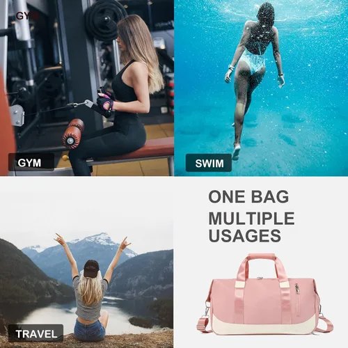Vista 6 de Bolsa deportiva para gimnasio, bolsa de viaje con bolsillo húmedo y compartimento para zapatos, bolsa de fin de semana para mujeres y hombres, Rosado