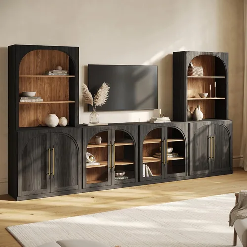 Vista 62 de BELLEZE Centro de entretenimiento modular de 4 piezas con almacenamiento, 2 vitrinas de madera moderna con gabinete arqueado y 2 armarios de puerta
