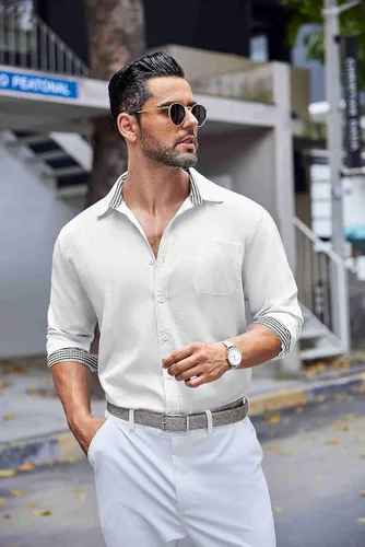 Vista 6 de COOFANDY Camisa de lino con botones para hombre, de manga larga, informal, para playa, con bolsillo