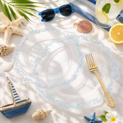 Vista 3 de PULOTE Juego de 175 piezas de platos de plástico transparentes y azules - Juego de vajilla desechable con borde azul - Incluye 25 platos de cena, 25