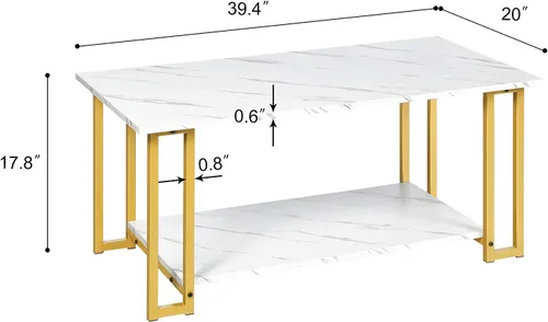Vista 2 de Mesa de centro de mármol blanco con patas de metal dorado, mesa auxiliar rectangular de 2 niveles para sala de estar (patas de metal dorado)