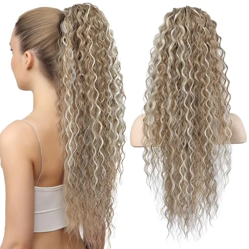 Vista 11 de Flufymooz Extensión de cola de caballo, 22 pulgadas, estilo bohemio, con cordón, extensiones de cabello para mujer, cola de caballo larga, rizada