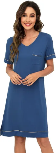 Vista 27 de WiWi - Camisón de viscosa de bambú para mujer, manga corta, con cuello en V, ropa de dormir, tallas grandes, S-4X, A-aqua
