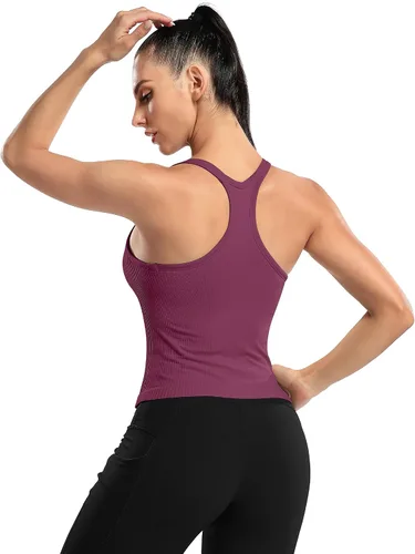Vista 110 de ATTRACO Camiseta corta acanalada de entrenamiento para mujer con brasier integrado para yoga, espalda cruzada, ajuste ajustado