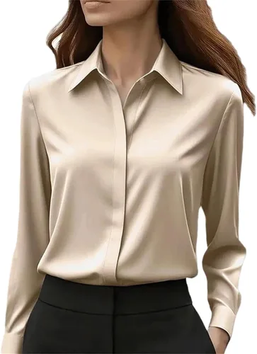 Vista 6 de Camisa de oficina de manga larga para mujer, cuello con botones, blusa formal sólida