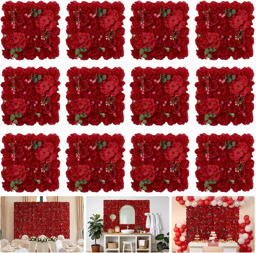 Vista 17 de Telón de fondo de pared de flores, 12 piezas de 16.5 x 16.5 pulgadas, panel de pared floral de rosa de seda artificial, decoración de pared ideal