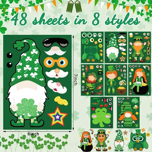Vista 2 de NOVWANG Calcomanías del día de San Patricio para niños, 48 calcomanías de trébol y cara, manualidades para recuerdos de fiesta irlandeses