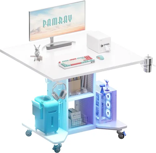Vista 7 de Pamray Escritorio pequeño con ruedas para juegos con luces LED, tomas de corriente y tablero de clavijas de almacenamiento, mesa compacta