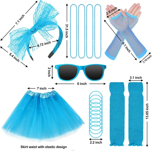 Vista 4 de Traje de niños de los años 80 para niñas, falda tutú, calentadores de piernas, guantes de red, collar, accesorios de disfraz de los años 80, vestido