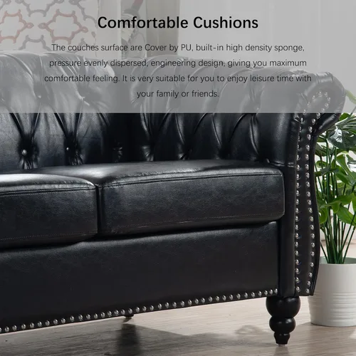Vista 6 de 84.65" Scroll Arms Chesterfield Sofa PU Leather 3 Seater Couch with Soft Seating Cushions, Modern Style 3-seat Sofa for Living Room Office Apartment