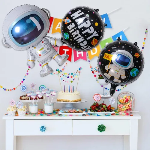 Vista 2 de Globos de planeta astronauta del sistema solar, globos de papel de aluminio, globos grandes de Mylar con helio, guirnalda de feliz cumpleaños para 10