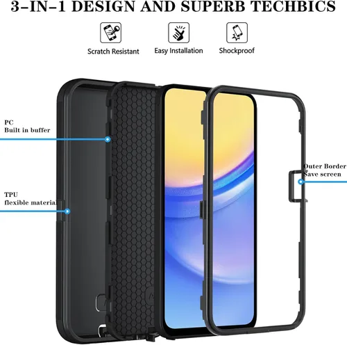 Vista 6 de Qinmay Funda para Samsung Galaxy A15 5G con protector de pantalla HD, resistente a los golpes y a las caídas, funda de 3 capas para Galaxy A15, Negro