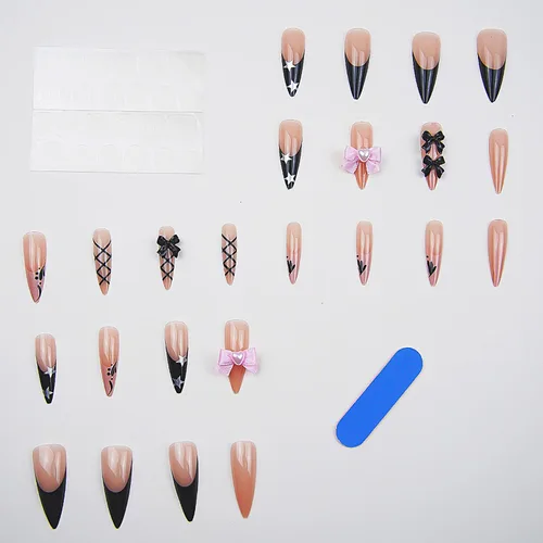 Vista 4 de RIICFDD - Uñas largas a presión con forma de almendra, punta de uñas con lazo grande, color rosa nude, con dijes de lazo negro, uñas postizas