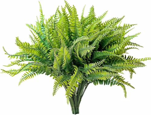 Vista 22 de 8 piezas de plantas falsas para exteriores, resistentes a los rayos UV, plantas de césped alto artificiales, flores tropicales, arbustos, decoración