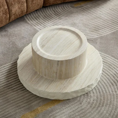 Vista 8 de JUSTONE Mesa de Centro Redonda para Sala de Estar, Mesa de Acento Moderna de 31.5 Pulgadas con Acabado de Piedra Artificial Beige Desgastado, Mesa
