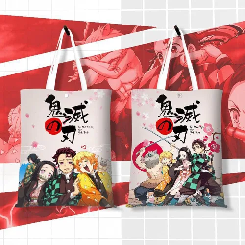 Vista 2 de Crazy Escape Plan Anime Demon Slayer Canvas Tote Bag Tanjirou Nezuko Handbag Double-Sided Printing Bag Shoulderbag
