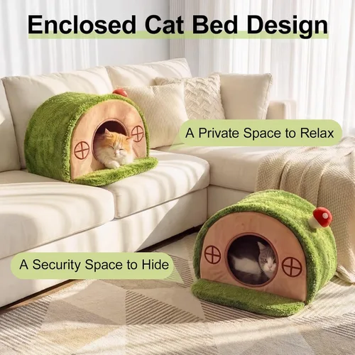 Vista 3 de Casa para gatos de interior – Bonita cueva de cama para gatos, con agujero de árbol, tienda de campaña para gatitos y mascotas pequeñas y medianas