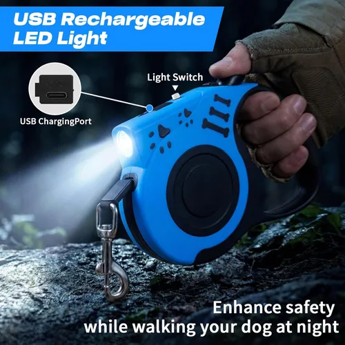 Vista 2 de Correa retráctil para perro con linterna recargable USB para paseos nocturnos, correa telescópica automática de tractor de 16 pies para perros Azul