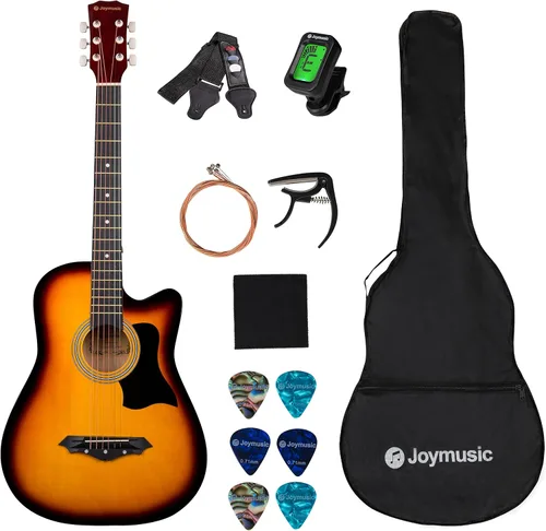 Vista 9 de Joymusic kit de guitarra acústica para principiantes de 38 pulgadas azul brillante, incluye estuche, correa con portapúas, afinador digital, juego