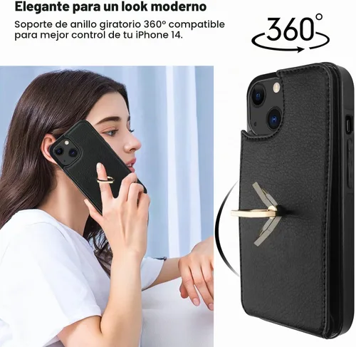 Vista 3 de Folosu Funda tipo billetera compatible con iPhone 14 con soporte para tarjetas, soporte de anillo para dedo con rotación de 360° y función atril
