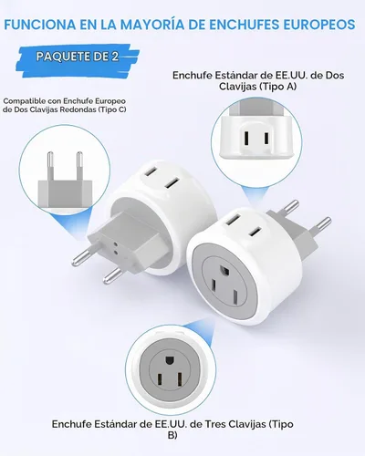 Vista 2 de Paquete de 2 adaptadores de enchufe de viaje europeos, adaptador de enchufe de EE. UU. a Europa