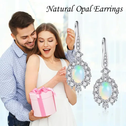 Vista 6 de Aretes de ópalo natural de plata de ley 925 con ópalo natural, aretes colgantes de ópalo natural para mujeres y niñas, Plata de ley, Ópalo