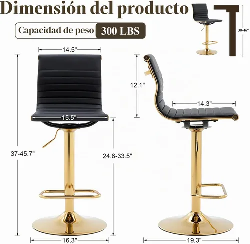 Vista 2 de Taburetes de bar ajustables de piel sintética, taburete de bar negro y dorado con respaldo, moderno taburete giratorio de altura de mostrador