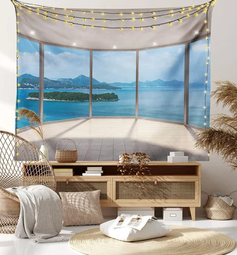 Vista 7 de Ambesonne Tapiz moderno, sala de estar vacía, ventana grande y vista al mar, arquitectura contemporánea, colgante de pared ancho para dormitorio