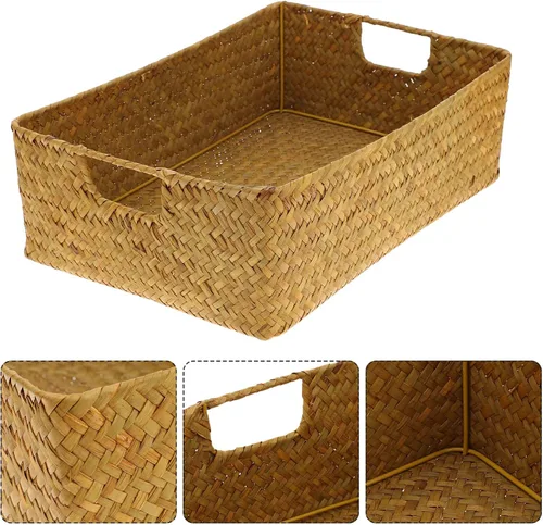 Vista 9 de DOITOOL Cestas tejidas para almacenamiento – Cestas de mimbre de pastos marinos con asa – Cestas de estante naturales cesta rectangular