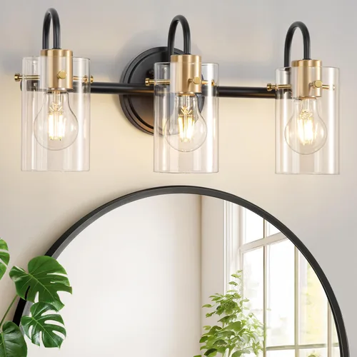 Vista 10 de 3 luces de tocador, lámparas de pared de baño negro mate sobre el espejo, aplique de pared moderno con pantalla de vidrio transparente, lámpara
