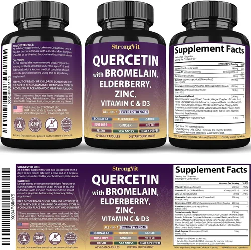 Vista 8 de StrongVit Quercetina con bromelina, saúco, vitamina C, D3 y zinc. Suplemento de apoyo súper inmunológico. Complejo orgánico para hombres y mujeres