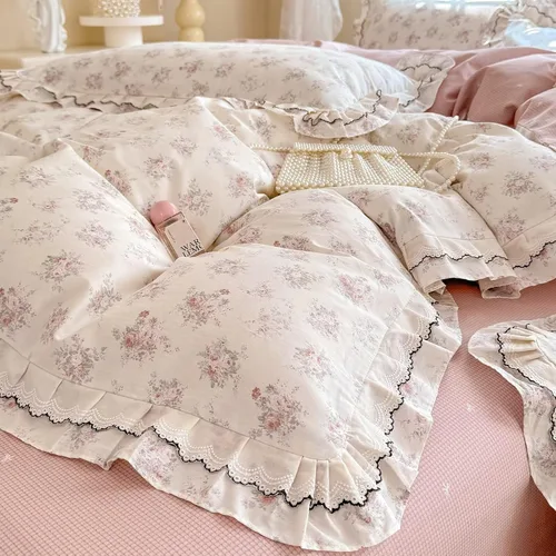 Vista 7 de Funda de edredón de algodón floral tamaño individual con volantes de encaje 100% algodón para adolescentes y niñas, juego de ropa de cama de 3