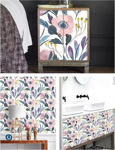 Vista 3 de HAOKHOME 93019 - Papel tapiz floral para despegar y pegar, extraíble, de vinilo color rosa/azul/amarillo, autoadhesivo para estantes, 17.7 pulgadas
